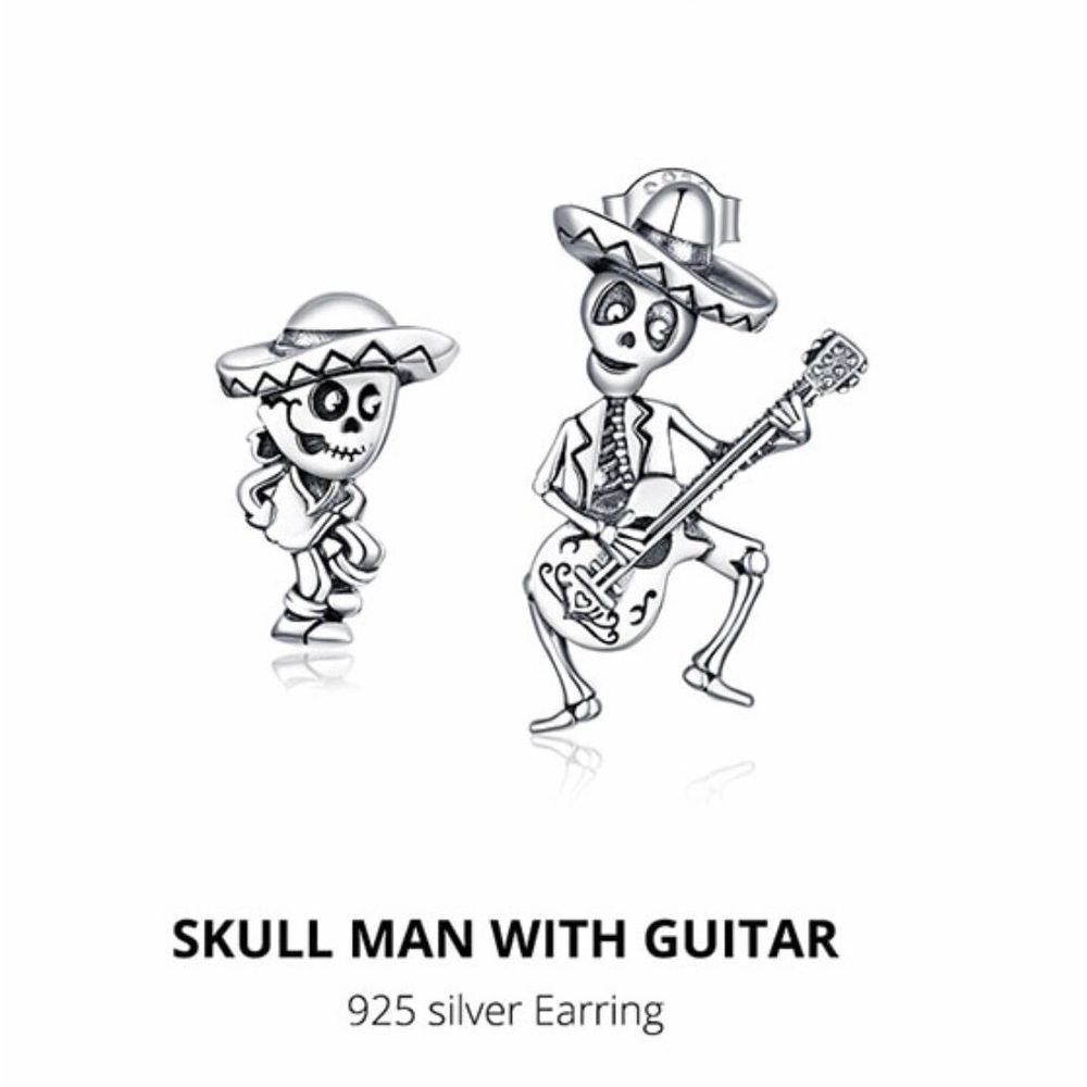 925 silver Stud Earrings for Women Skull Man with Guitar Jewelry Gift